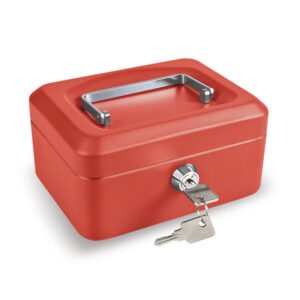 Caja caudales color rojo. Bandeja portamonedas interior incluida.