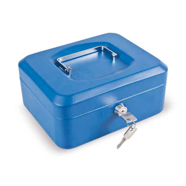 Caja caudales color azul. Bandeja portamonedas interior incluida.