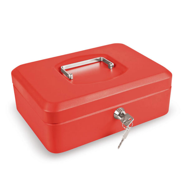 Caja caudales color rojo. Bandeja portamonedas interior incluida.