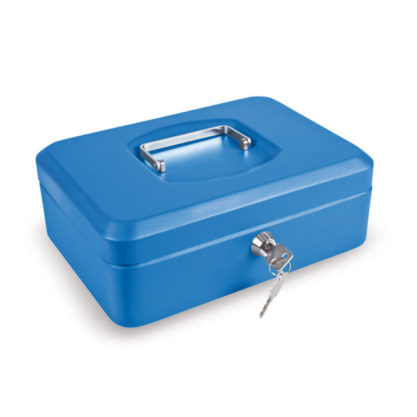 Caja caudales color azul. Bandeja portamonedas interior incluida.