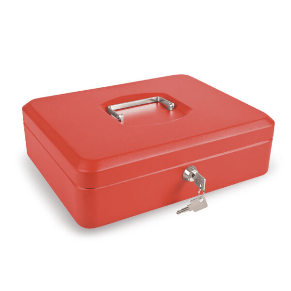 Caja caudales color rojo. Bandeja portamonedas interior incluida.