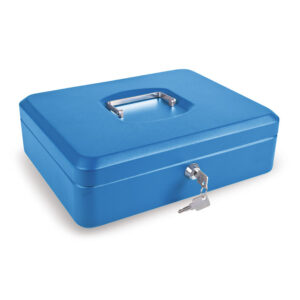 Caja caudales color azul. Bandeja portamonedas interior incluida.