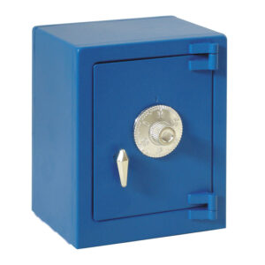 Hucha infantil con combinacion y manivela de apertura. Color azul.