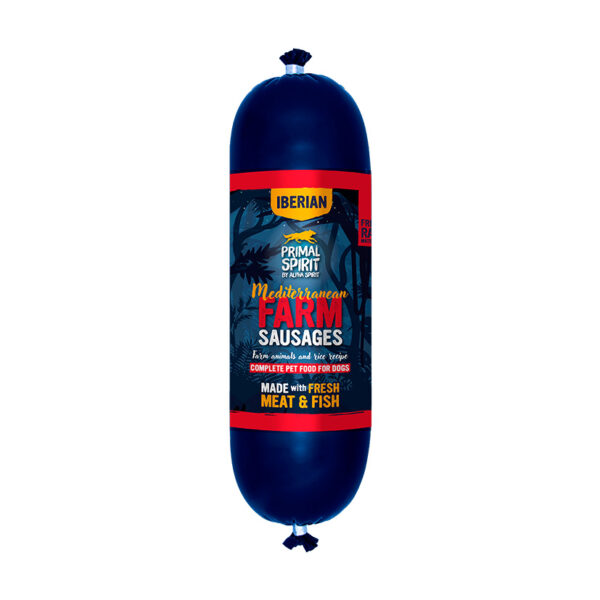 Salchicha para perros ALPHA SPIRIT Mediterranean Farm 1Kg. Pollo y cerdo 80%.