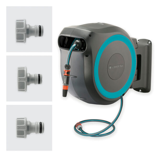 Portamangueras rollup 30m. Lanza , water stop, 2 conectores, (1/2”, 3/