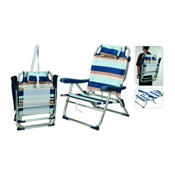 Silla/Hamaca de playa plegable rayas azules con almohada.