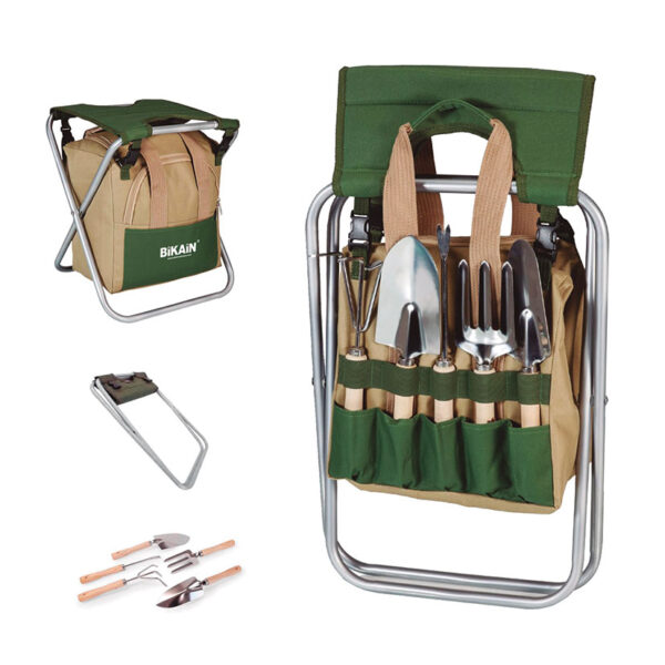 Kit taburete+bolsa portaherramientas jarrdin+herramientas jardin.