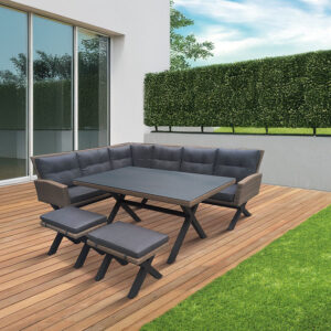 Set jardin Pascua. Sofa esquinero 6 plazas. 2 pufs. Mesa de comedor pa